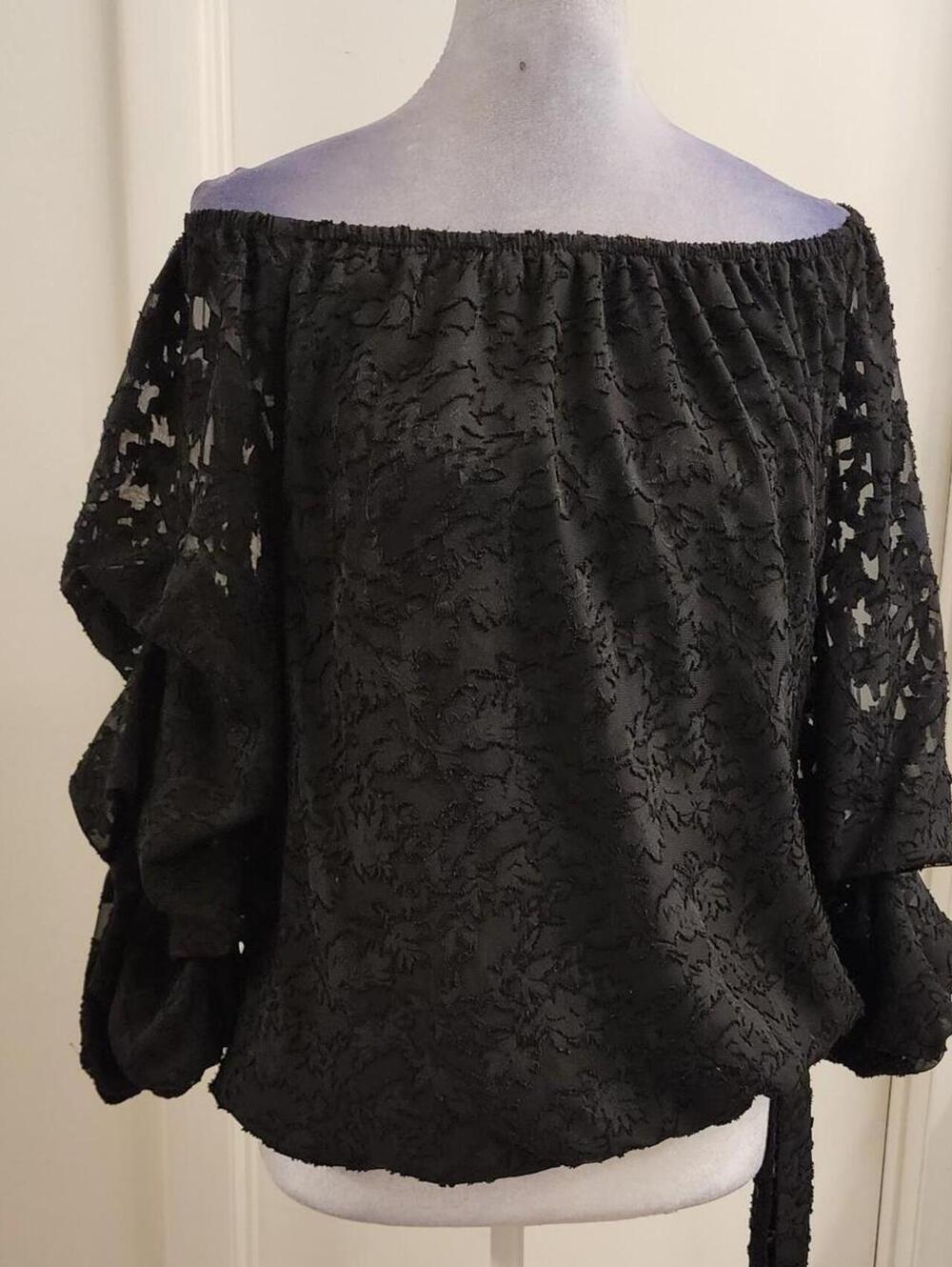 Vince Camuto black off-the-shoulder floral lace blouse with ruffled tie-sleeves. - Picture 2 of 7